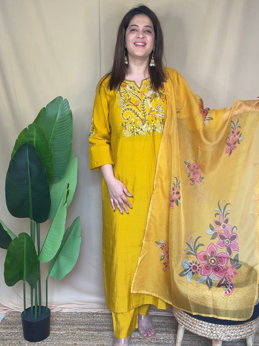 Mustard Yellow Floral Embroidered Kurta Set