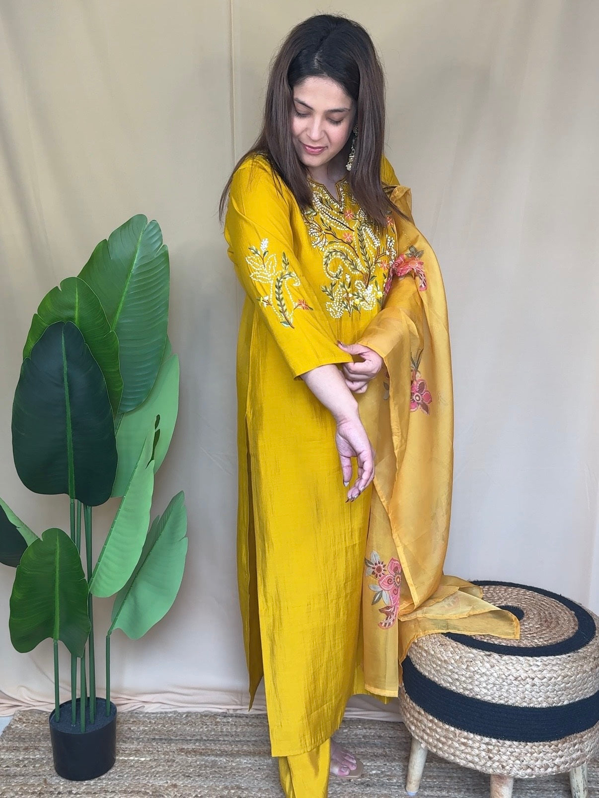 Mustard Yellow Floral Embroidered Kurta Set