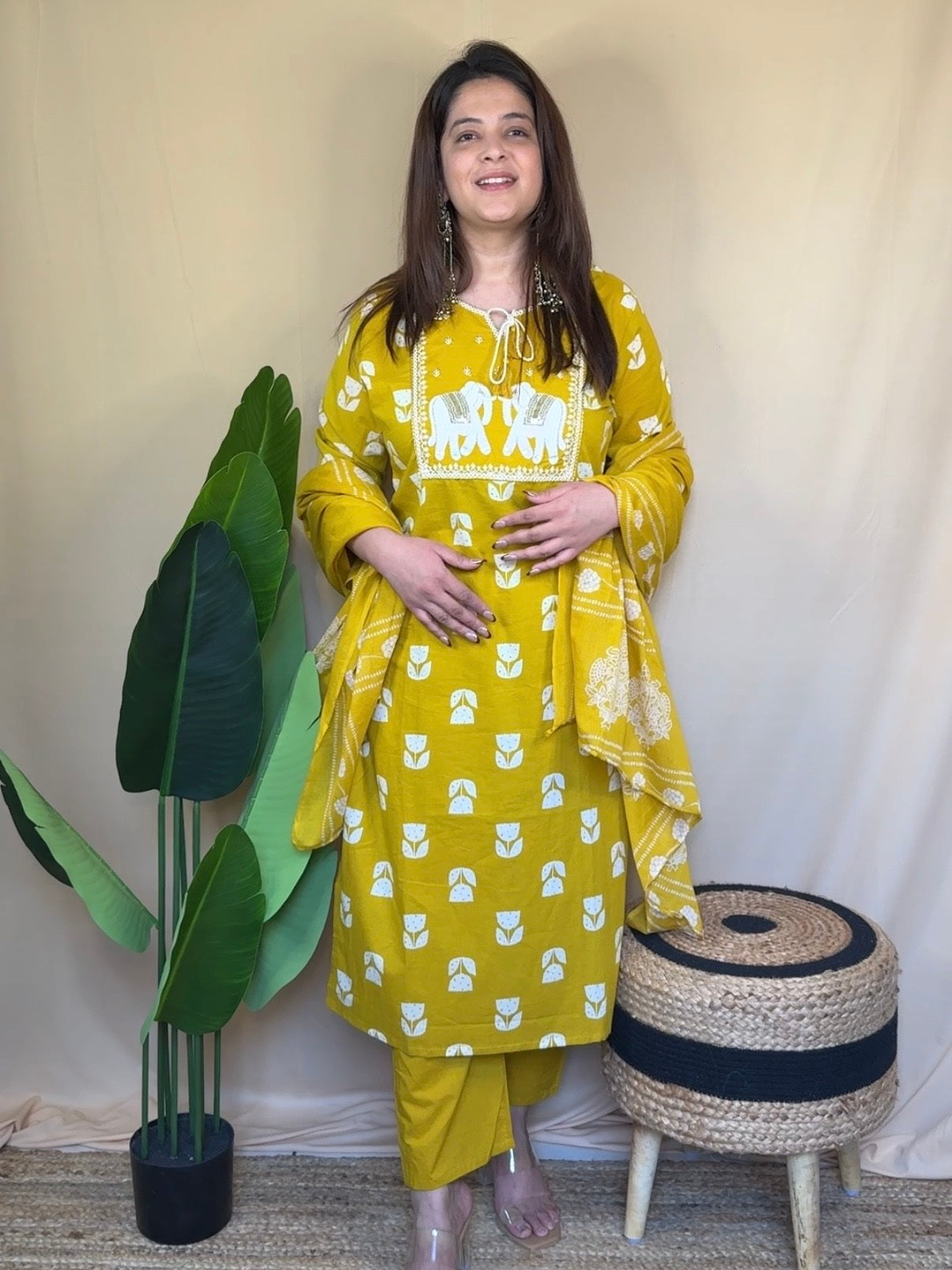 Mustard Yellow Elephant Embroidered Kurta Set