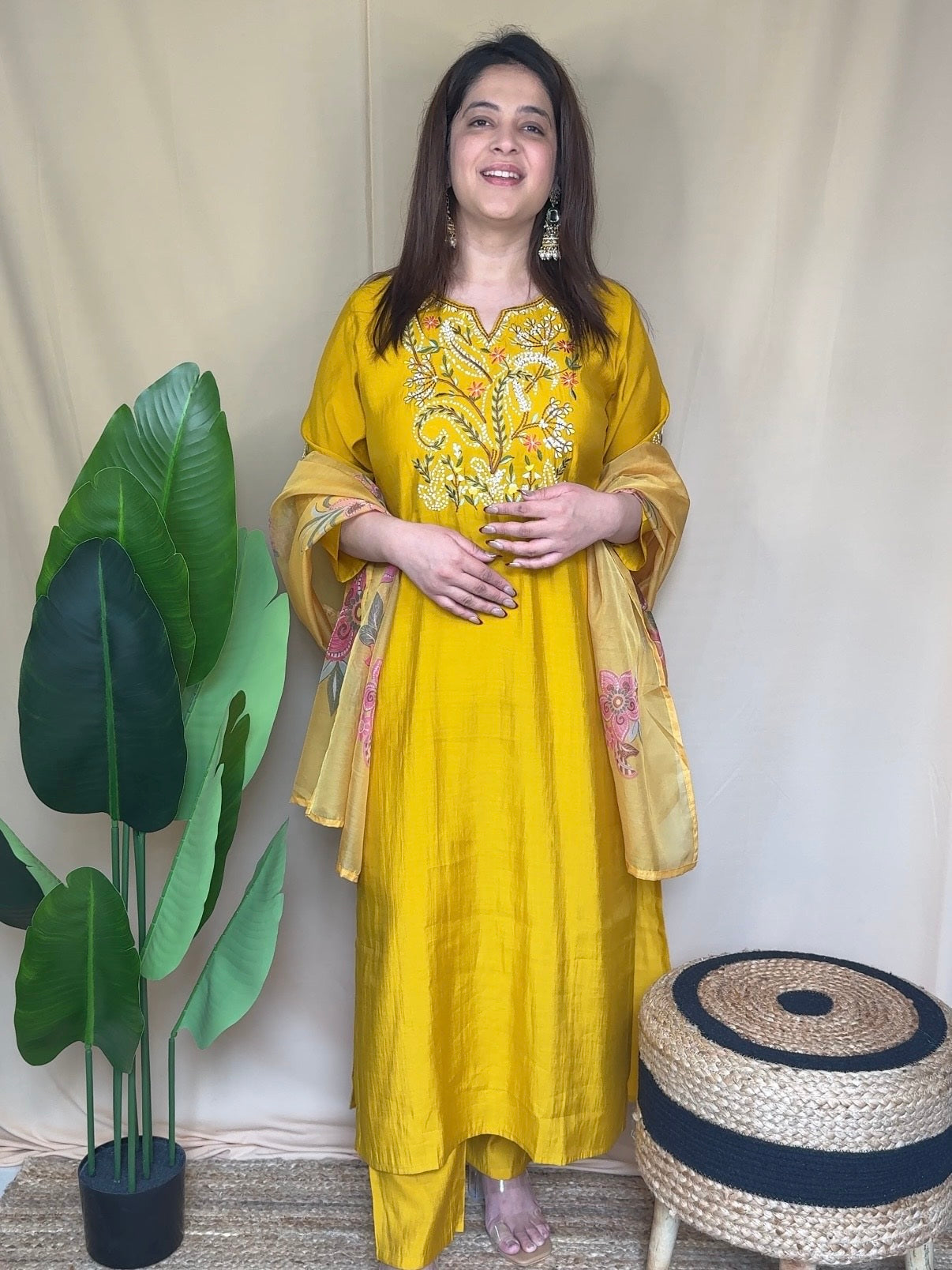Mustard Yellow Floral Embroidered Kurta Set