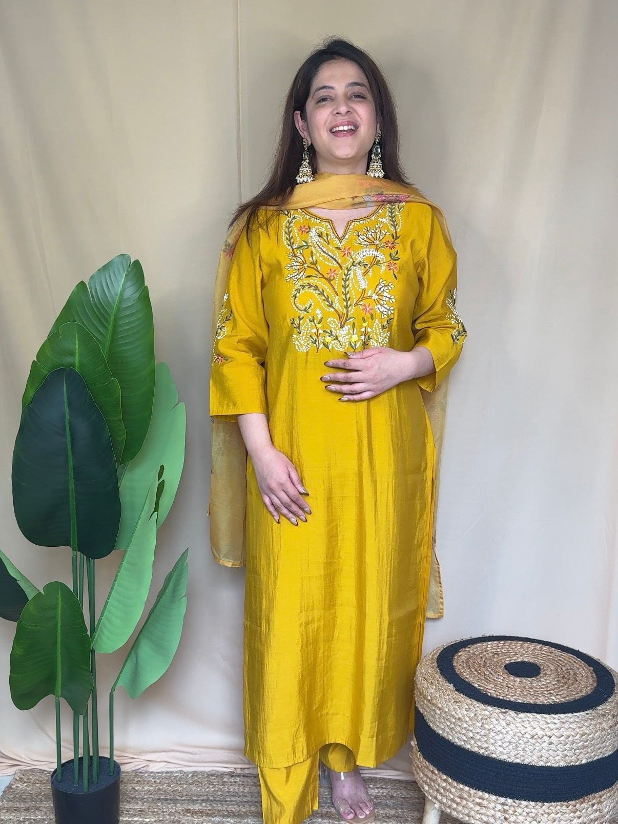 Mustard Yellow Floral Embroidered Kurta Set